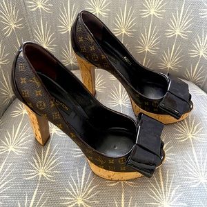 Louis Vuitton Monogram Brown Canvas Rivoli Cork Platform Peep Toe Pumps Size 37